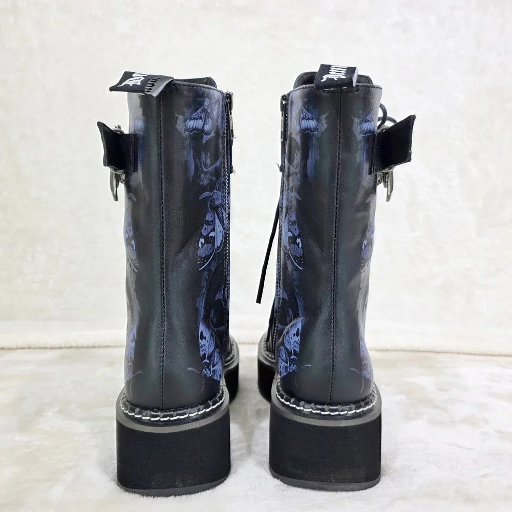 NIB NEW DEMONIA Emily Death Moth Skull Graphic Platform Goth Punk Mid Calf Boots - Picture 10 of 16